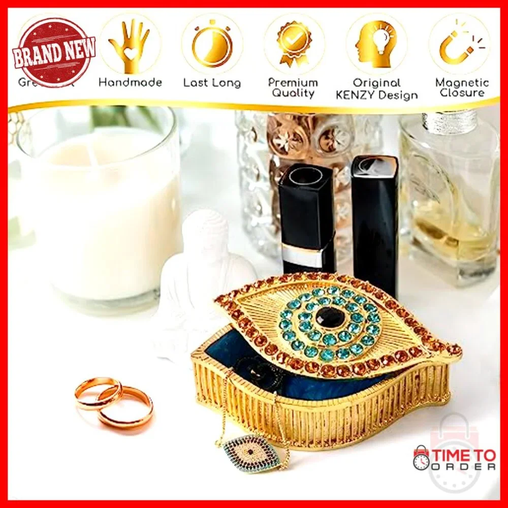 Handmade Evil Eye Jewelry Box Gold Keepsake Magnetic Closure Crystals Boho Decor - Picture 3 of 7